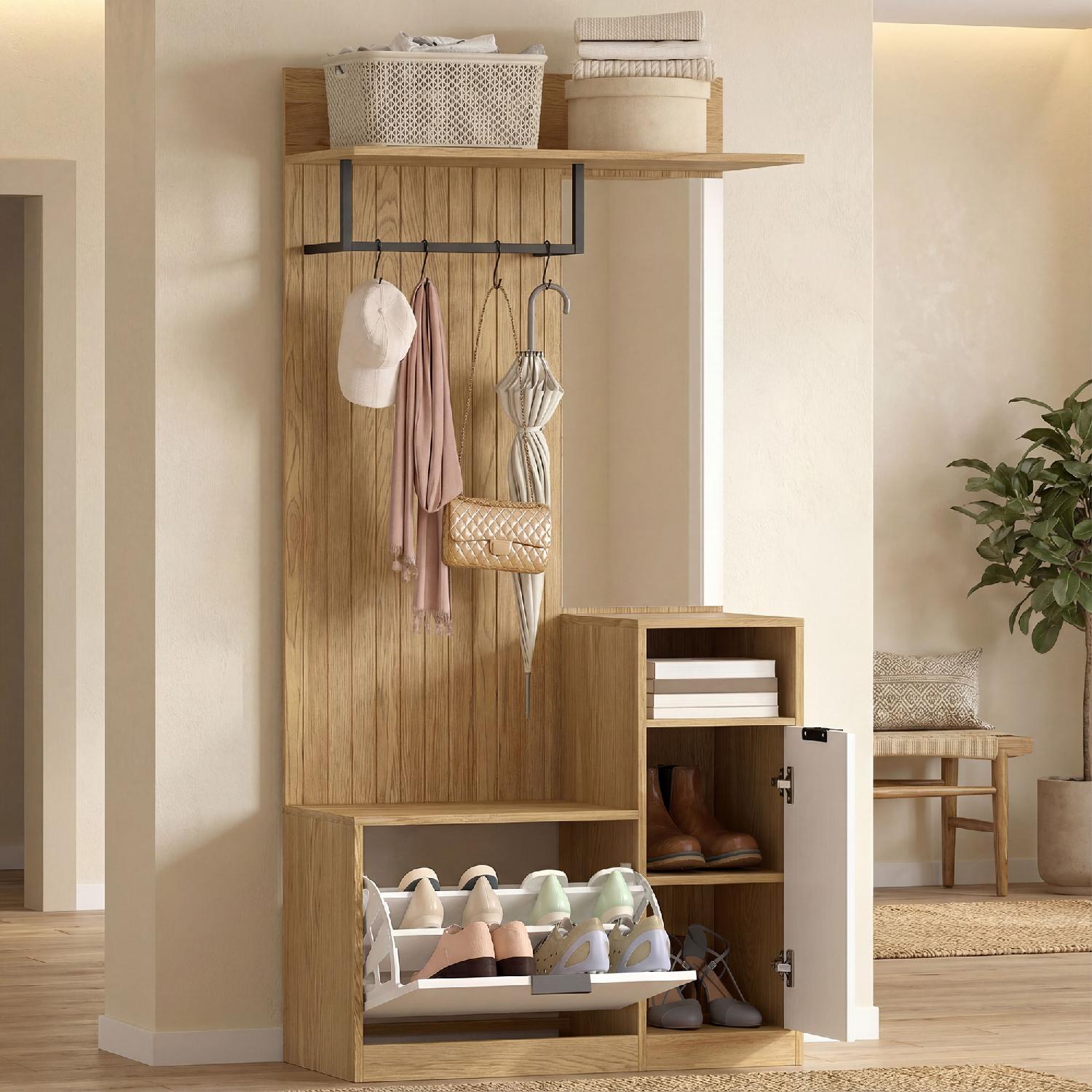 DecHome R242AK Mobile Ingresso Appendiabiti con Scarpiera e Specchio 80x37x168cm Rovere