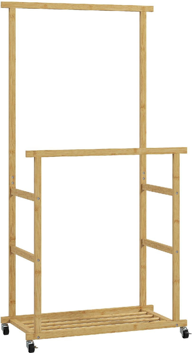 DecHome R338ND Appendiabiti con 2 Barre, Ripiano Inferiore e 4 Ruote in Bamb�