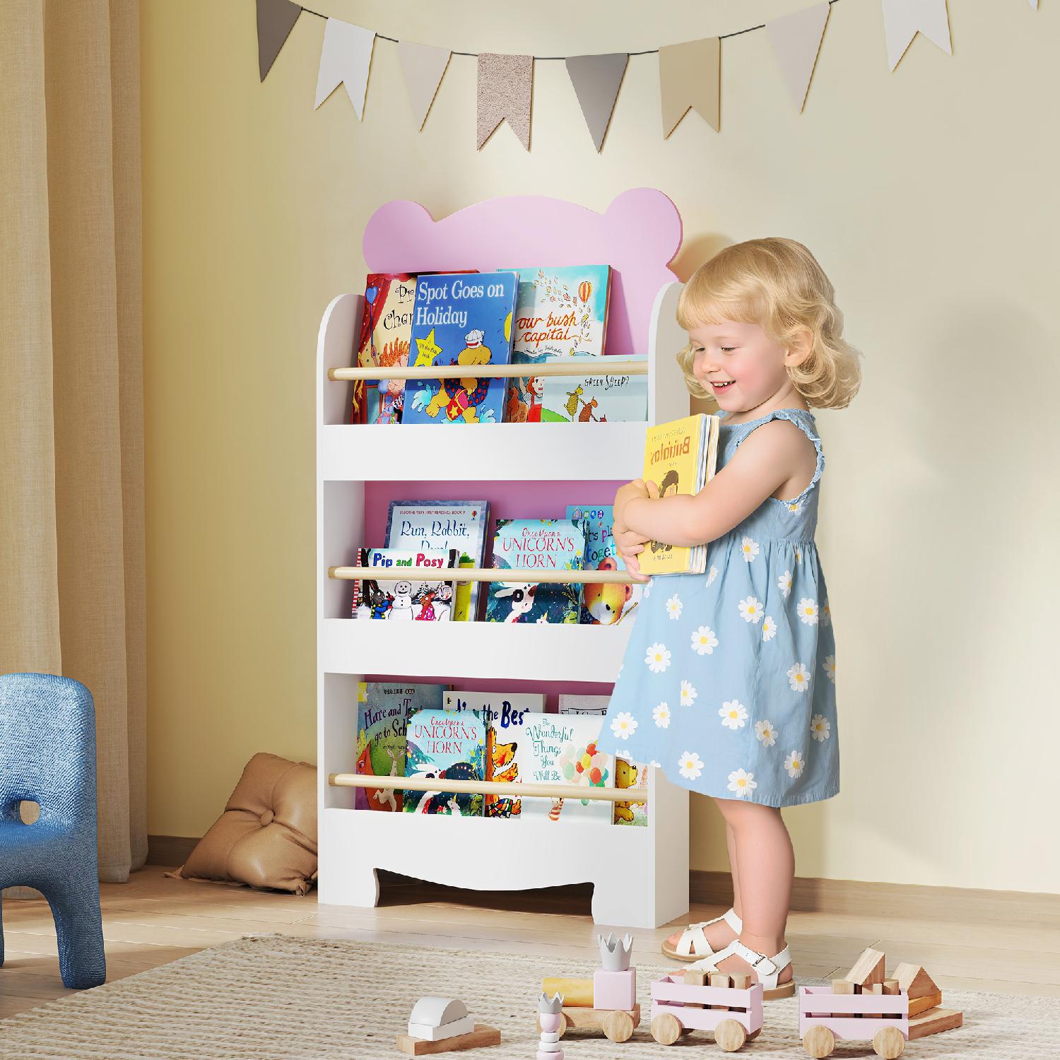 DecHome R442PK Libreria per Bambini con 3 Ripiani a Forma di Orsetto 55x15x110 cm Rosa