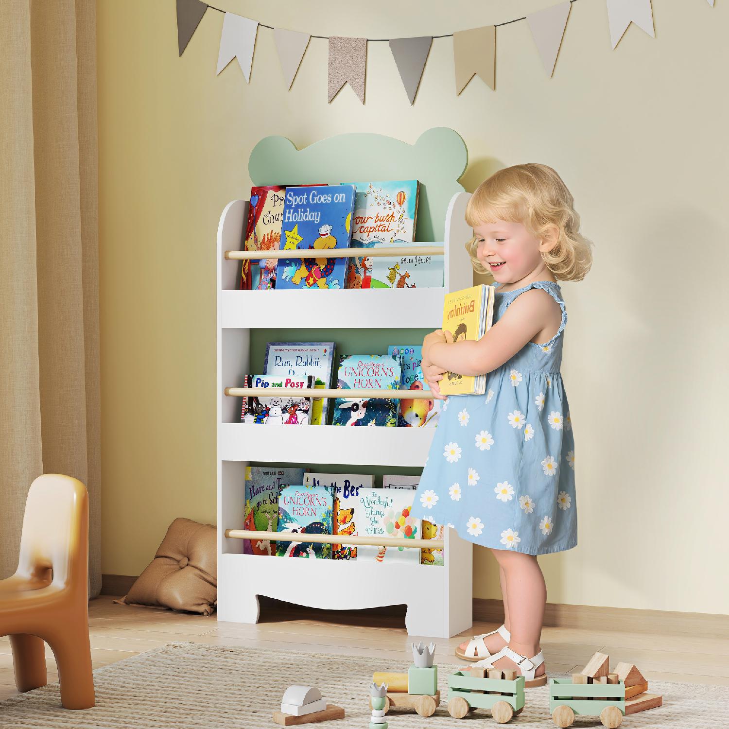 DecHome R443GN Libreria per Bambini con 3 Ripiani a Forma di Orsetto 55x15x110 cm Verde