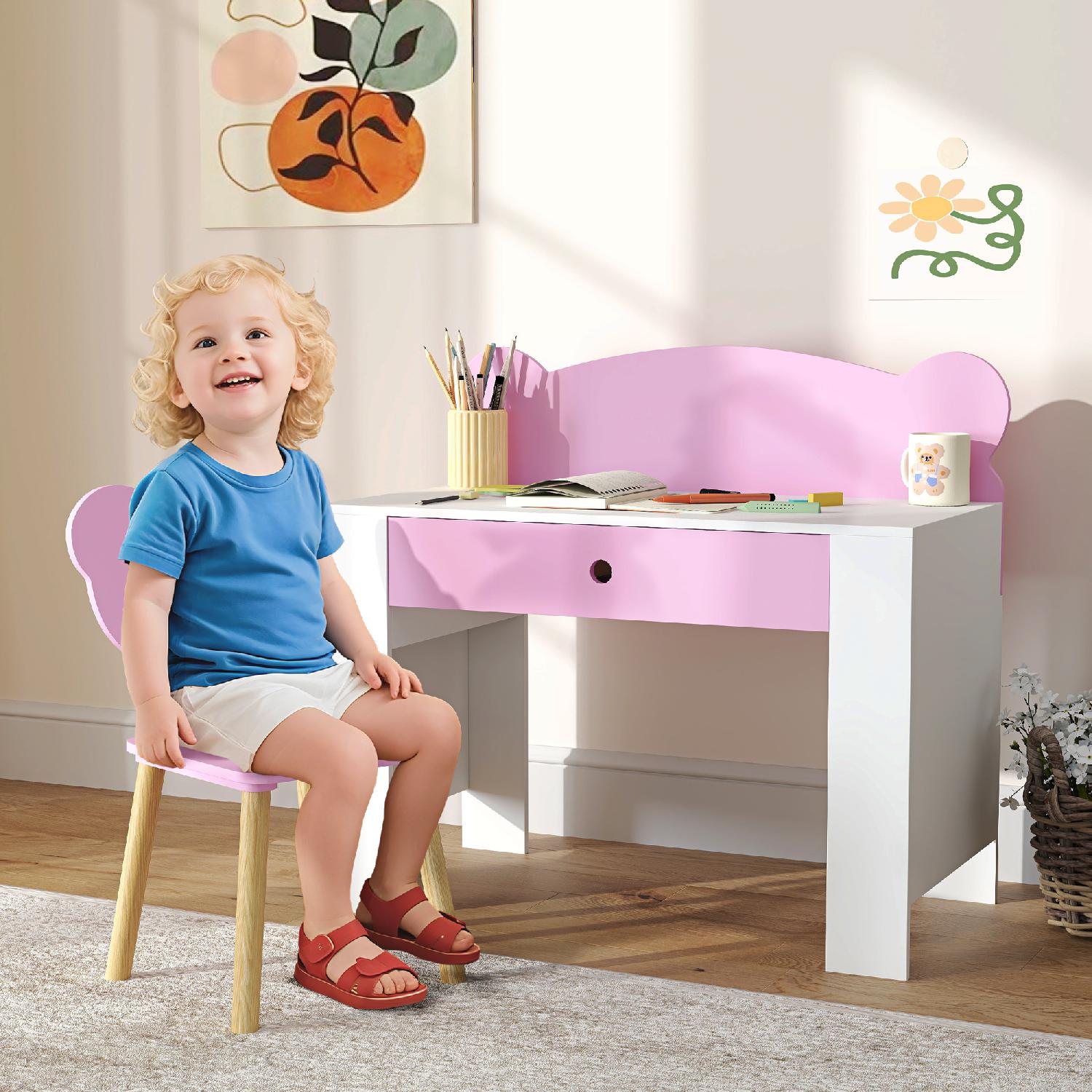 DecHome R495PK Set Scrivania per Bambini 3-8 Anni con Cassetto e Sedia a Orsetto Rosa