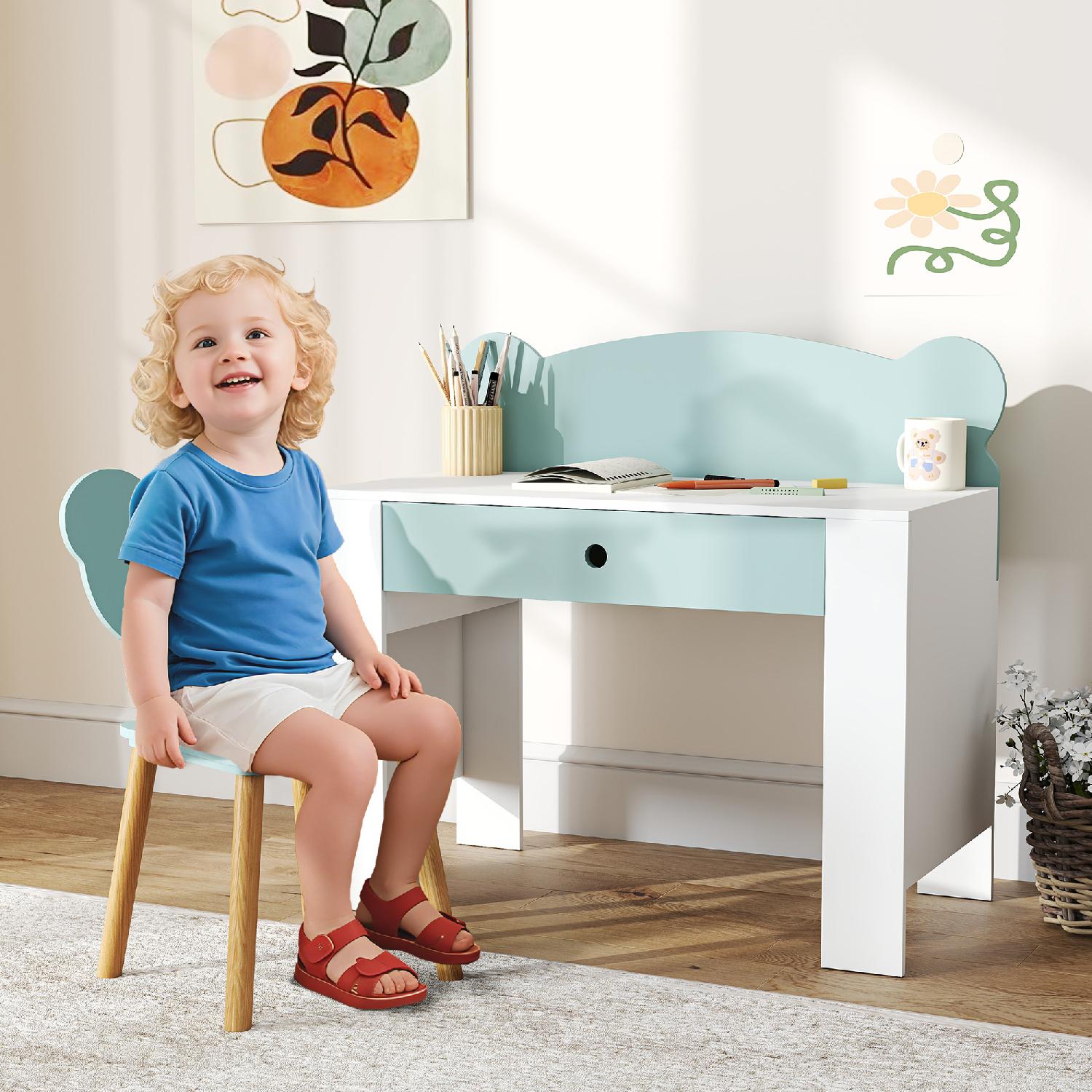 DecHome R496GN Set Scrivania per Bambini 3-8 Anni con Cassetto e Sedia a Orsetto Verde