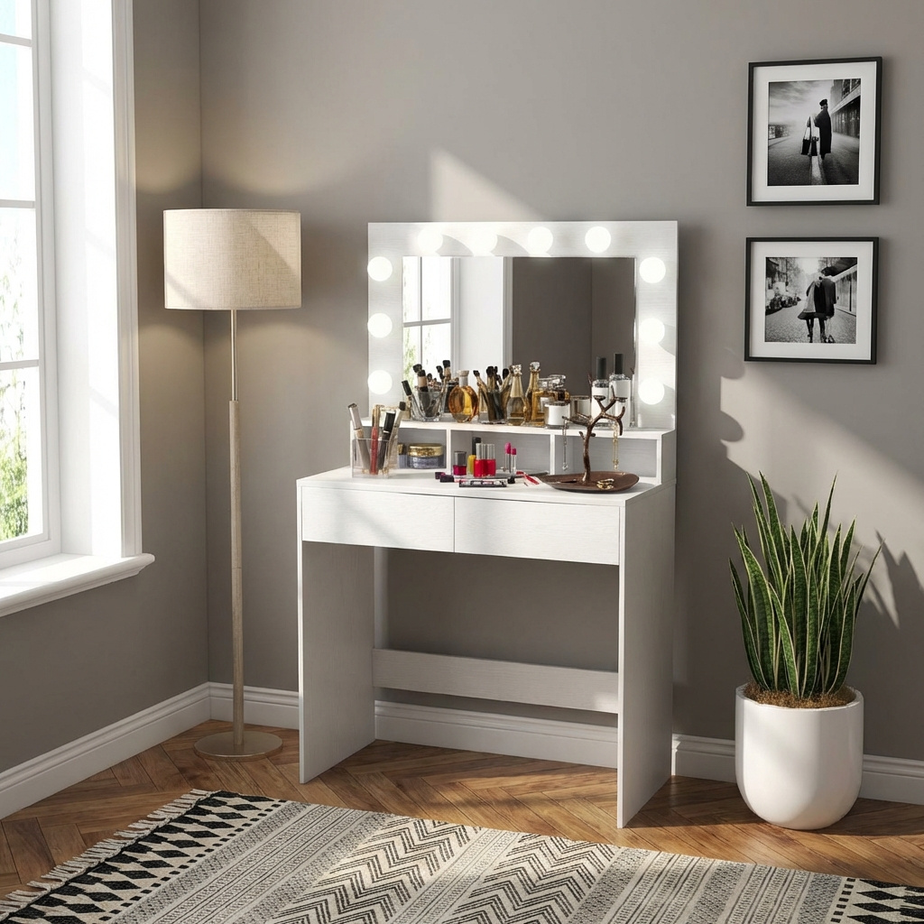 DecHome R498WT Toeletta trucco Specchio Postazione trucco Luci LED 80x40x135 cm Bianco