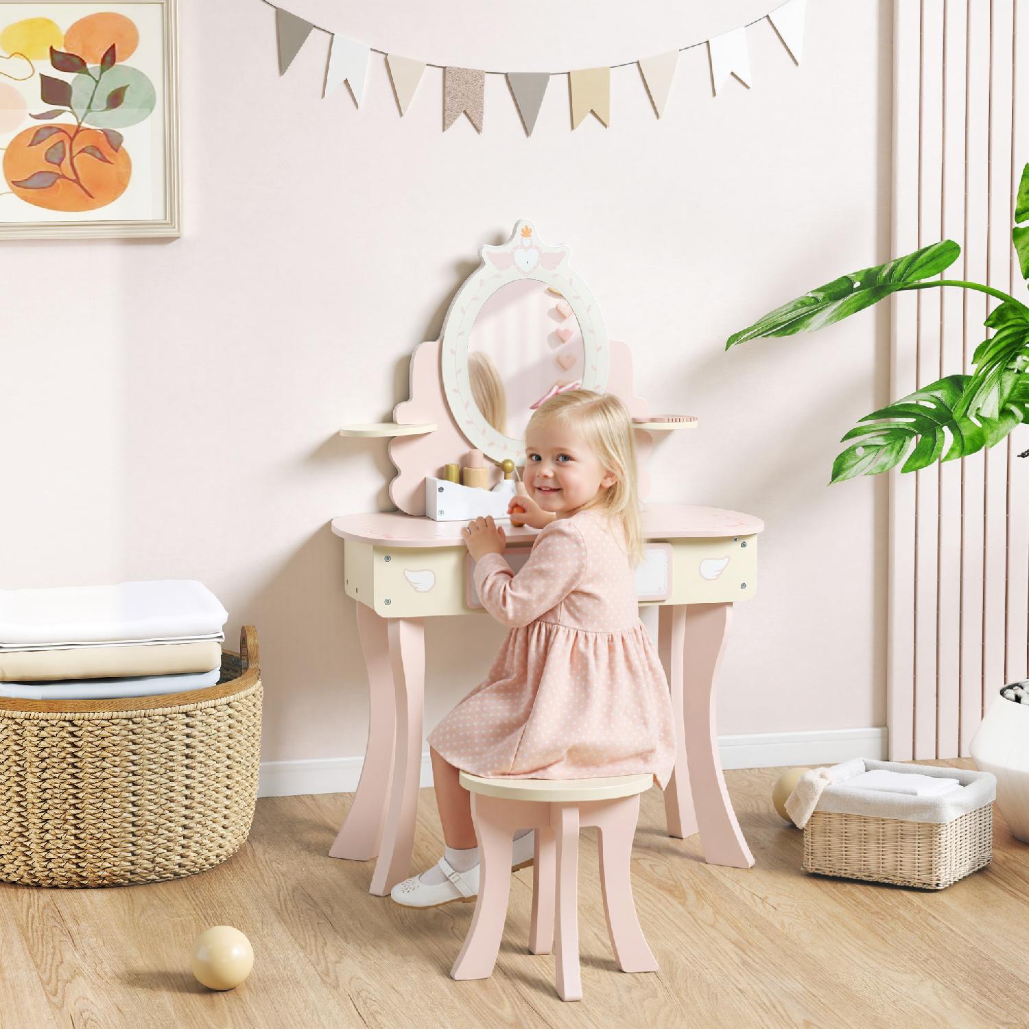 DecHome R515PK Set Toeletta per Bambini con Specchio e Sgabello in Legno 2 in 1 Rosa