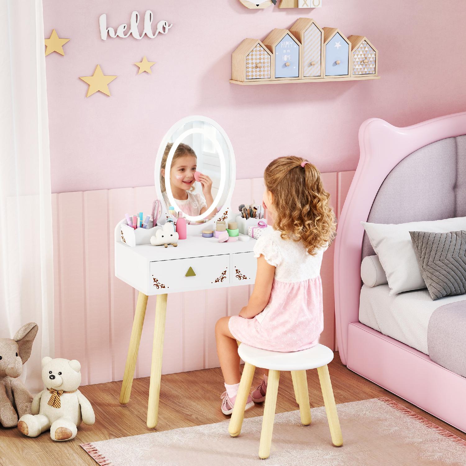 DecHome R516WT Set Toeletta Bambini 3+ Anni con Specchio Illuminato e Sgabello Bianco