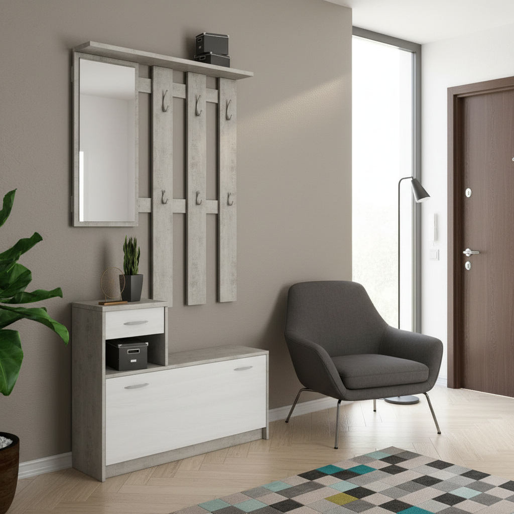 DecHome RUDOLFBETON Mobile Ingresso Appendiabiti Scarpiera 100x25x190cm Bianco Rudolf