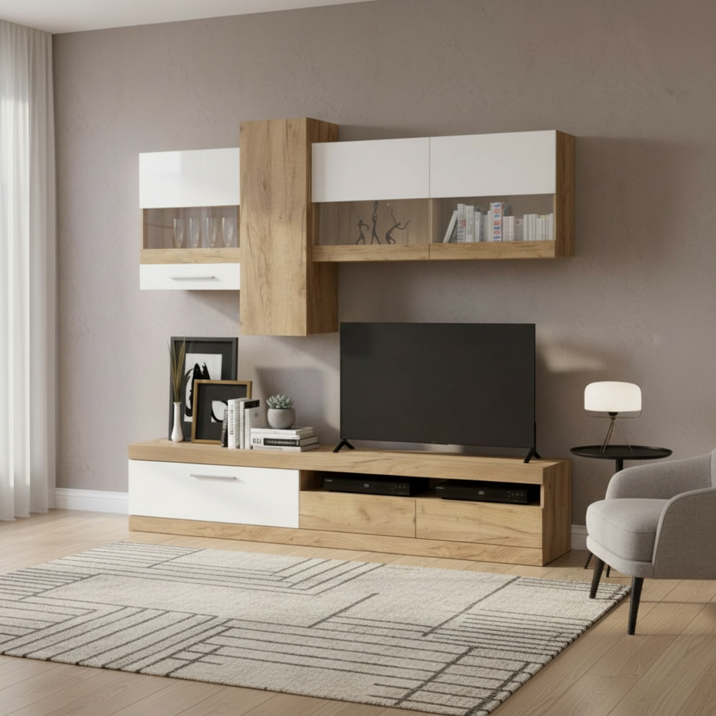 DecHome TOKIOWH Parete Attrezzata Mobile TV Mobile Parete 235x44x195 RovereBianco Tokio