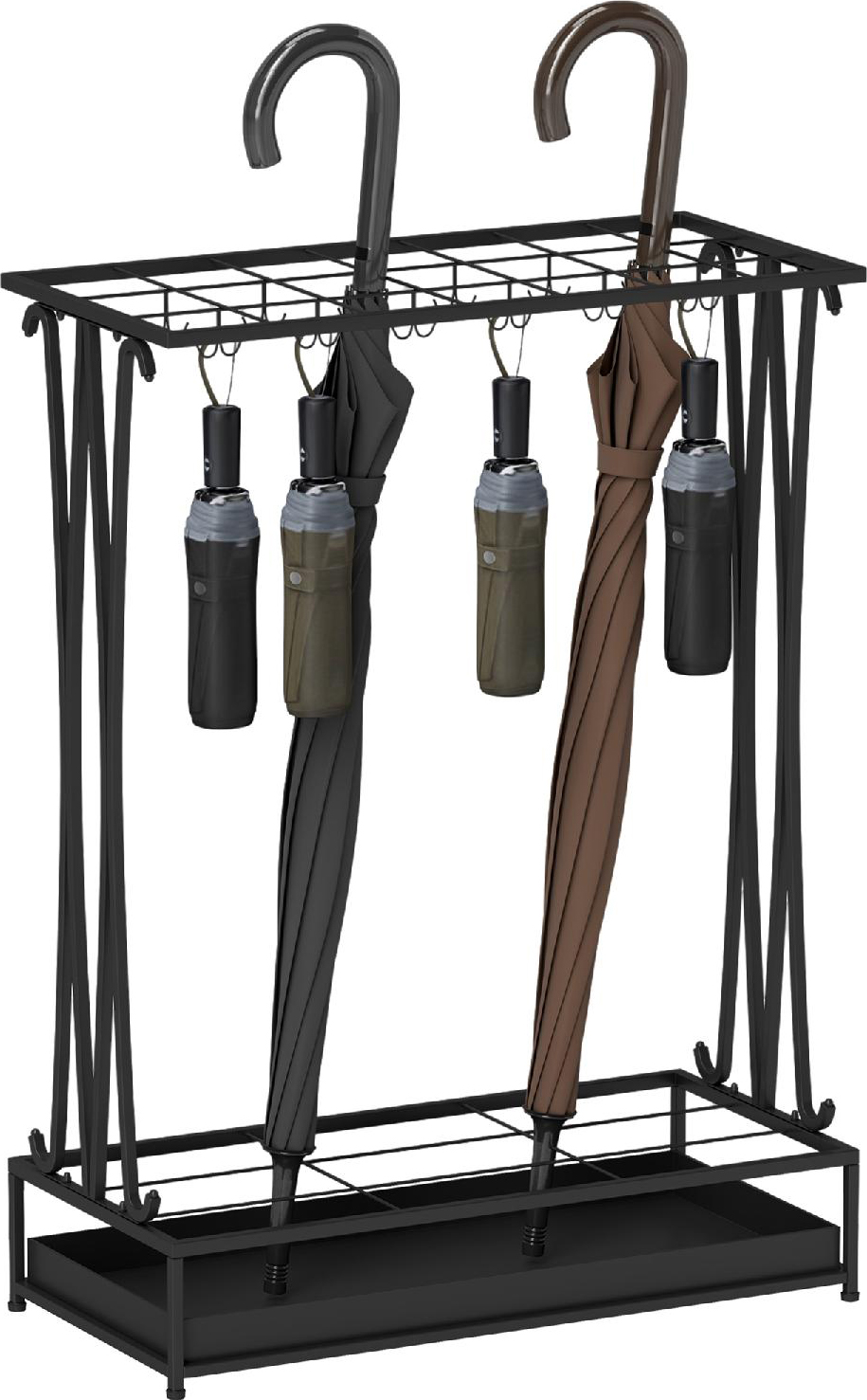 DecHome U7190BK Portaombrelli con Vaschetta per LAcqua 21 Fori e 24 Ganci Nero
