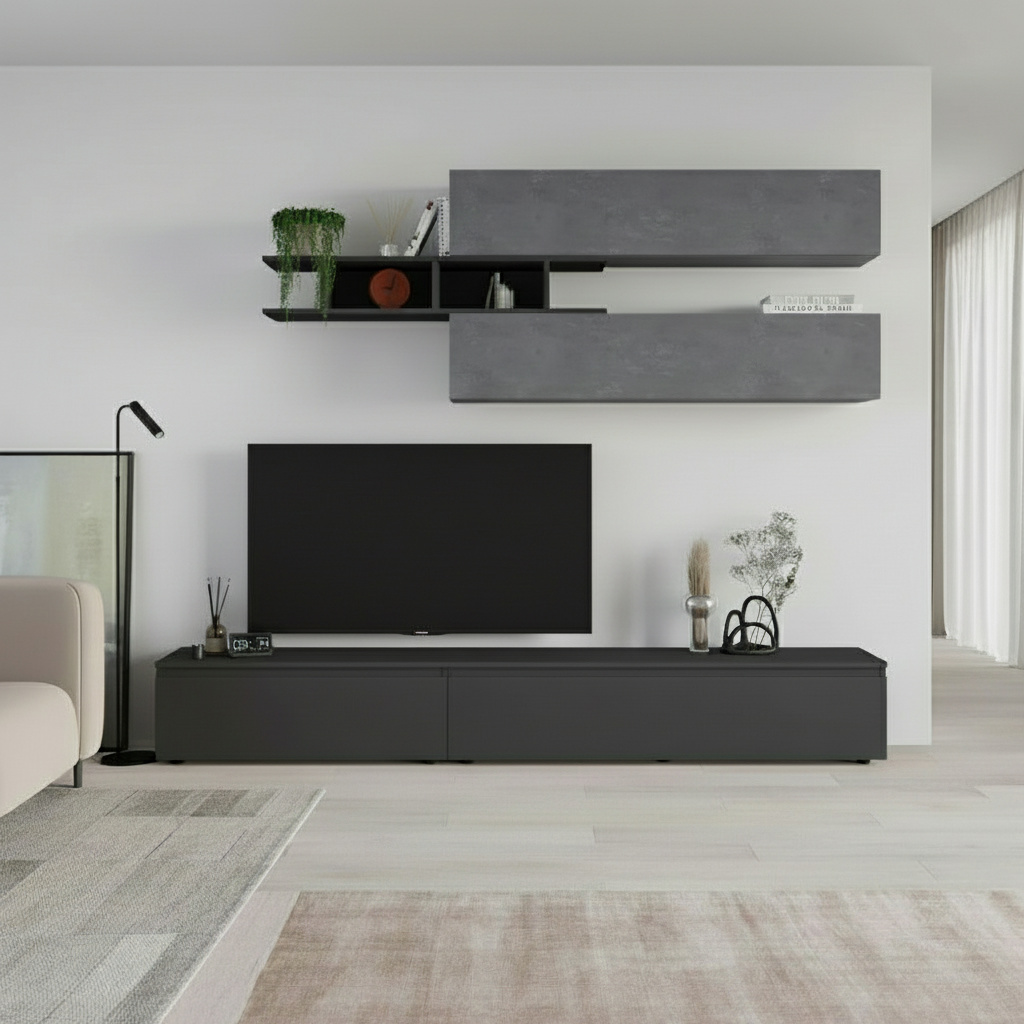 DecHome VENUS Parete Attrezzata Mobile TV + 3 Mobili a Parete 206x40x250 Cemento