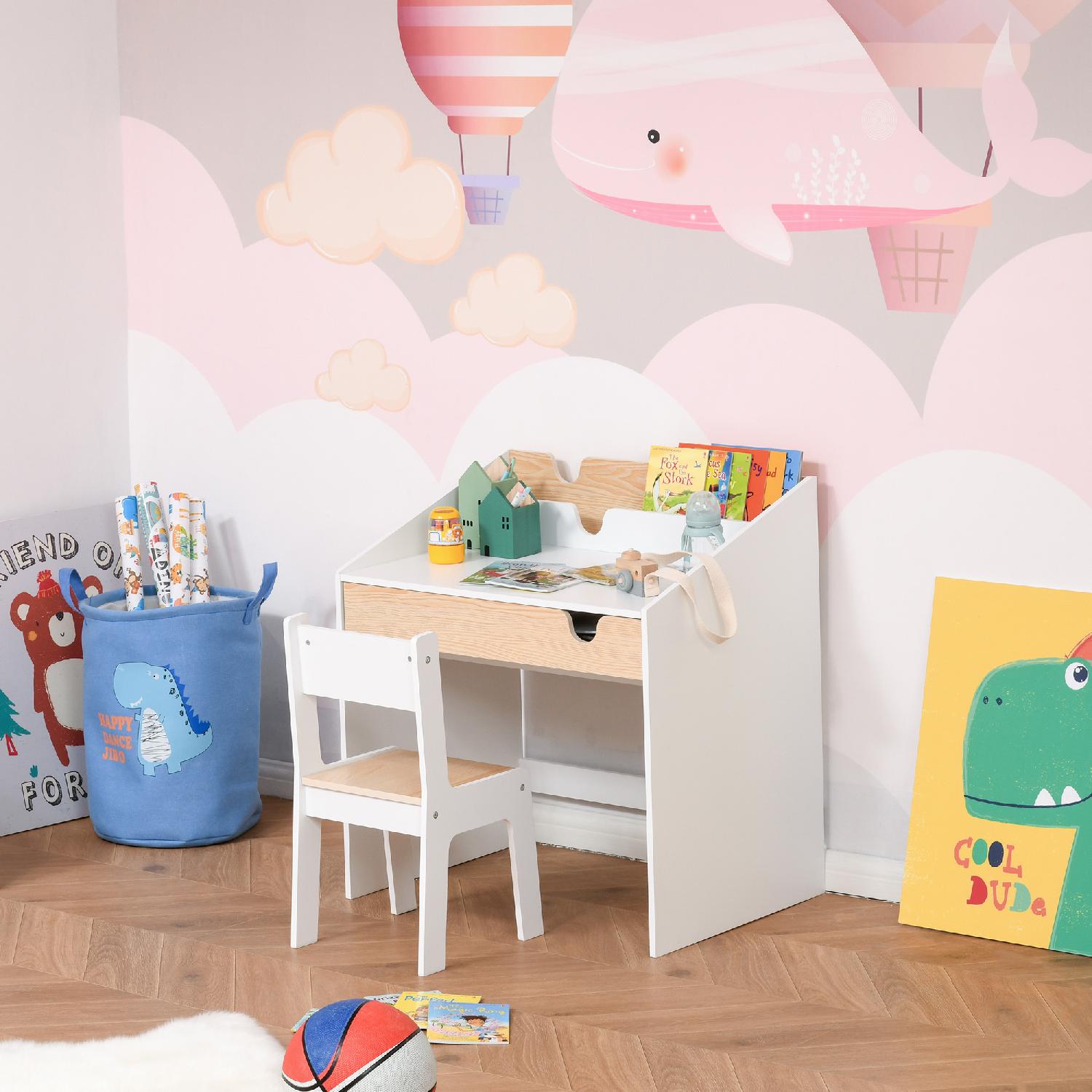 DecHome W84537 Set Scrivania e Sedia per Bambini 6-10 Anni Cassetto e Scaffale Bianco