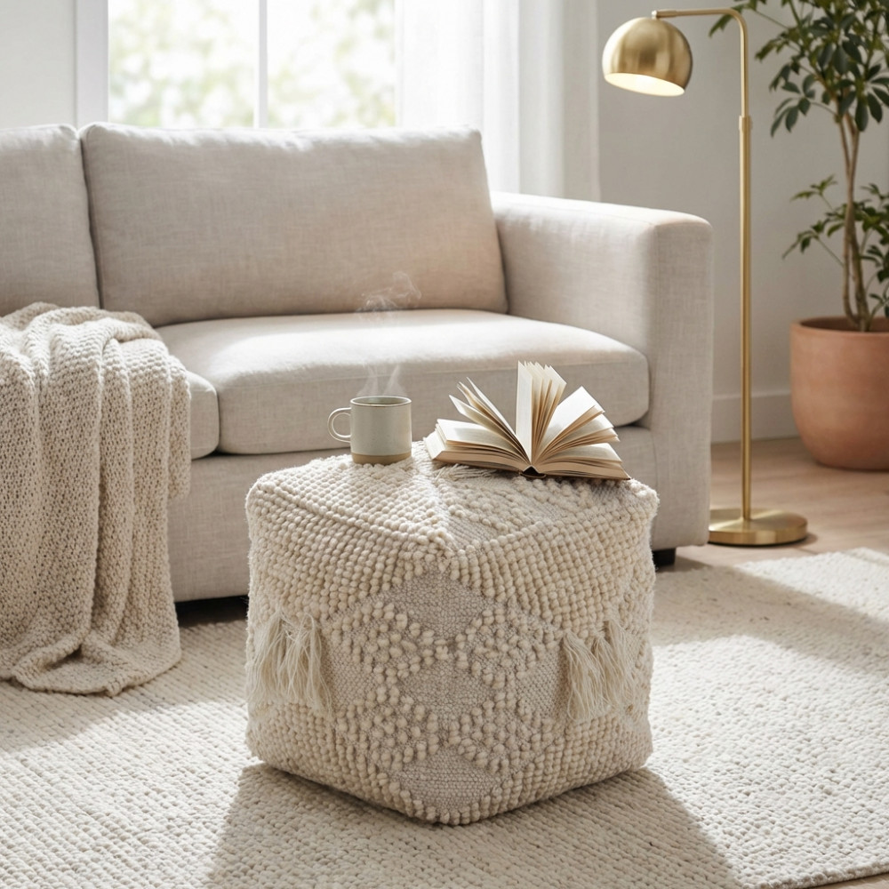 DecHome WO801839 Pouf Poggiapiedi Quadrato in CotoneLana 40x40 cm Bianco