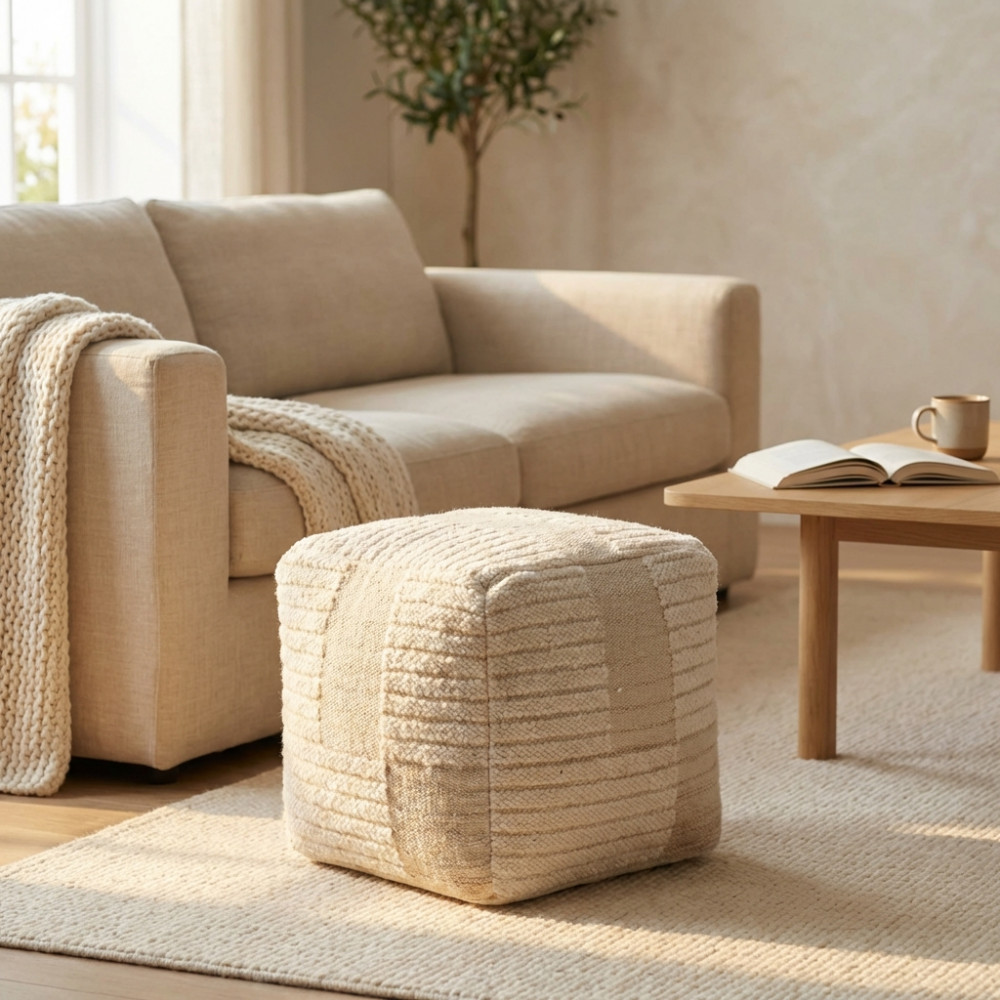 DecHome WO801841 Pouf Poggiapiedi Quadrato in CotoneLana 40x40 cm Bianco