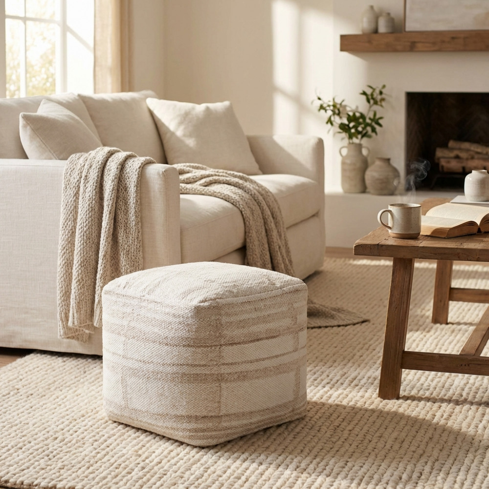 DecHome WO801845 Pouf Poggiapiedi Quadrato in CotoneLana 40x40 cm BiancoEcr�
