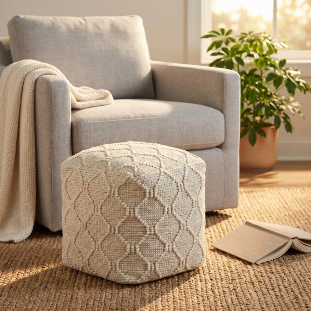 DecHome WO801847 Pouf Poggiapiedi Quadrato in JutaLana 40x40 cm Bianco