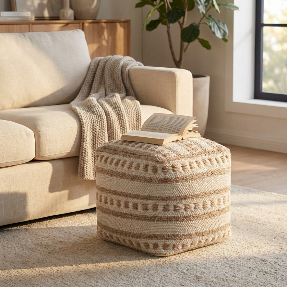 DecHome WO801849 Pouf Poggiapiedi Quadrato in CotoneLana 40x40 cm BiancoMarrone
