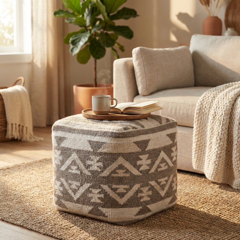 DecHome WO801855 Pouf Poggiapiedi Quadrato in CotoneLana 40x40 cm BiancoTaupe