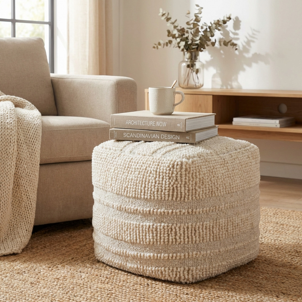 DecHome WO801873 Pouf Poggiapiedi Quadrato in Lana 40x40 cm Bianco