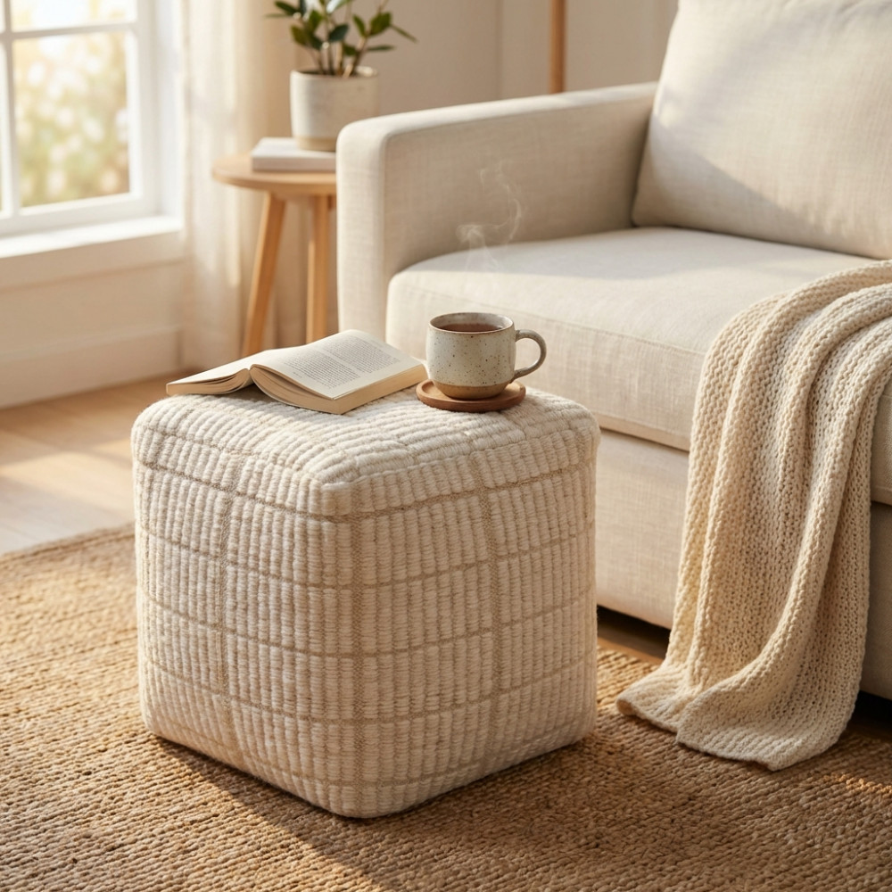 DecHome WO801875 Pouf Poggiapiedi Quadrato in Lana 40x40 cm Ecr�Bianco