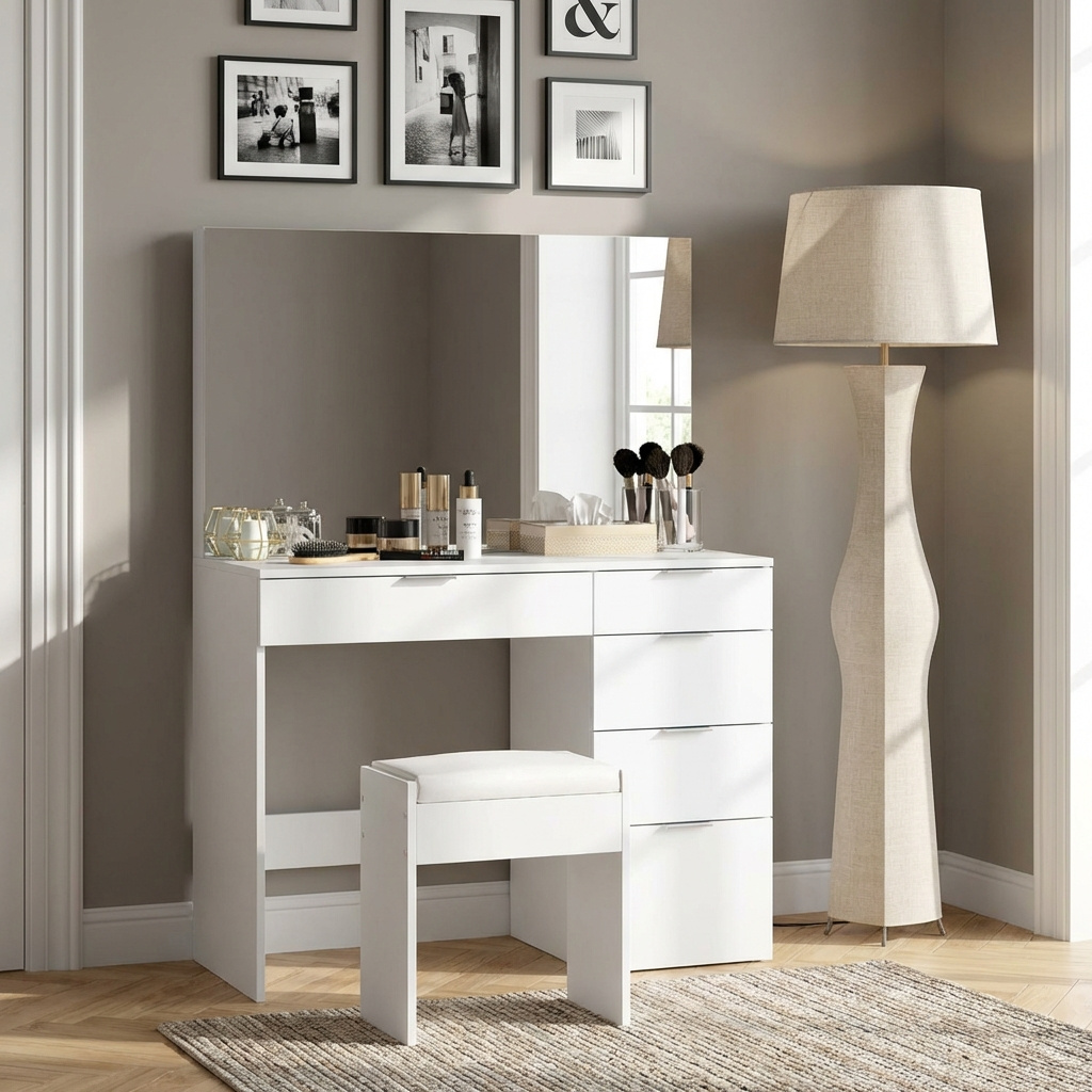 DecHome WTA821F Toeletta trucco con Specchio con Sgabello 40x24x46 cm Bianco