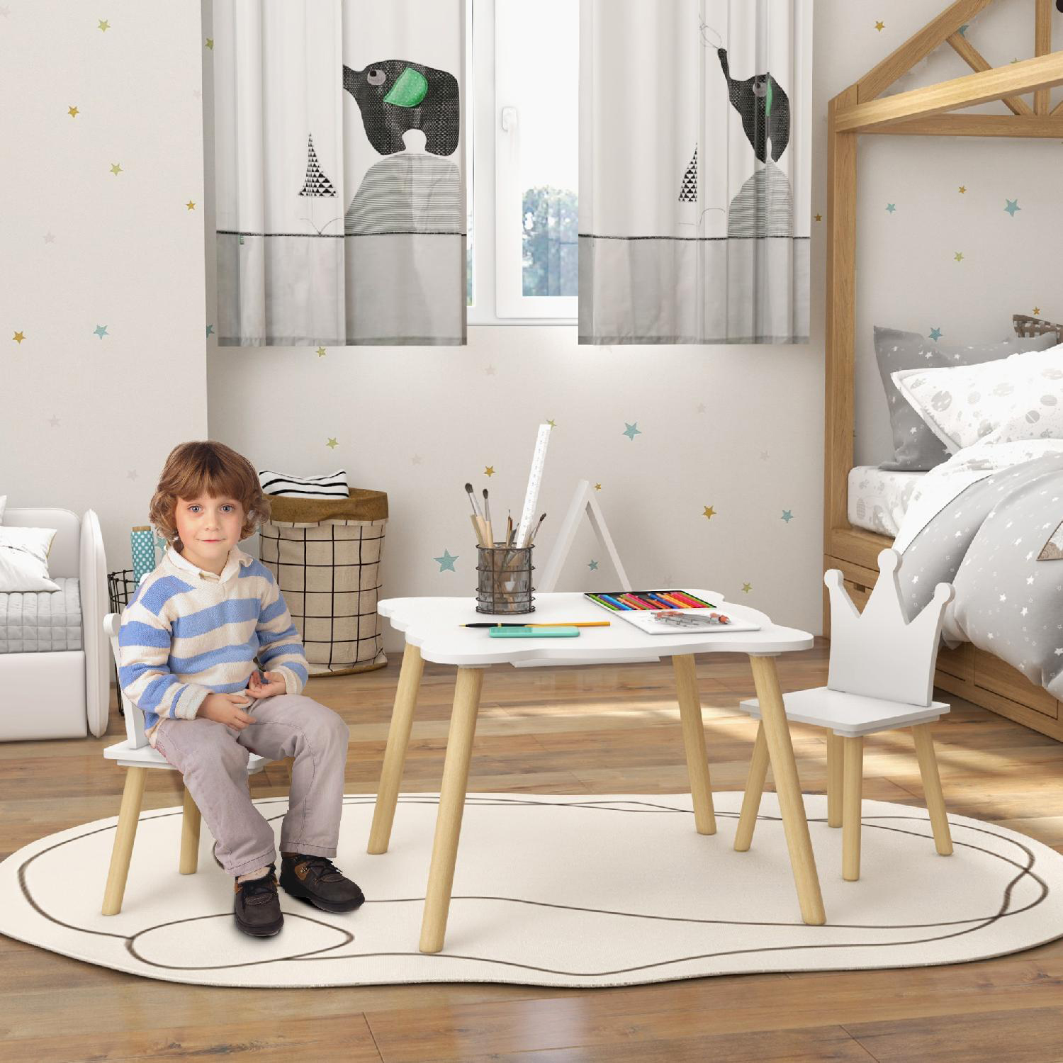 DecHome WTA822F Set Tavolo e 2 Sedie per Bambini con Schienale 3-6 Anni Bianco