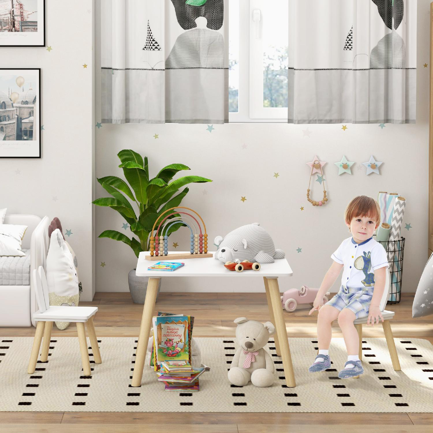 DecHome WTA823F Set Tavolo e 2 Sedie per Bambini con Schienale 3-6 Anni Bianco