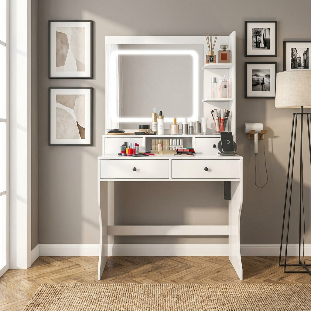 DecHome WTA868F Toeletta trucco con Specchio Luci LED e Prese USB 90x45x160 cm Bianco