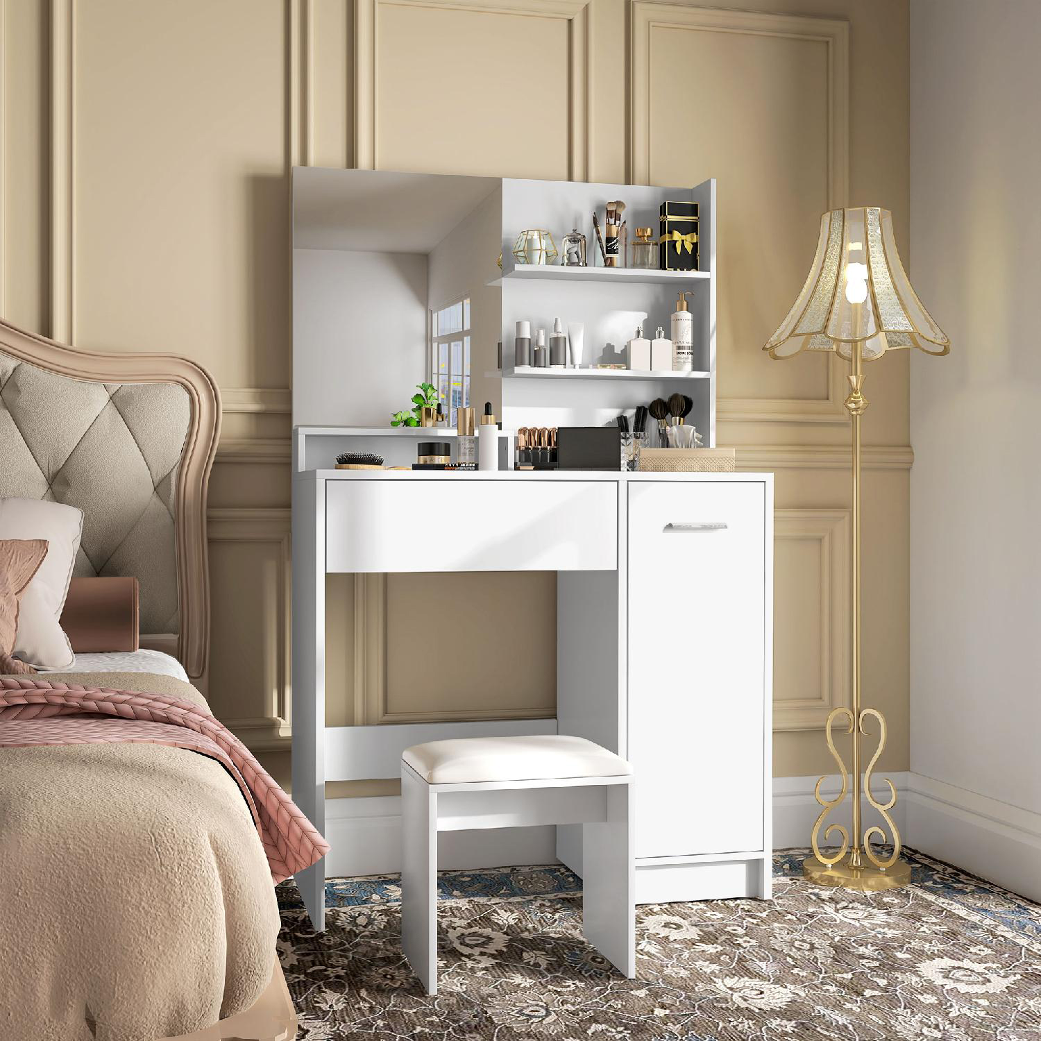 DecHome WTA869F Toeletta Trucco con Specchio Moderna con Sgabello 80x40x132 cm Bianco