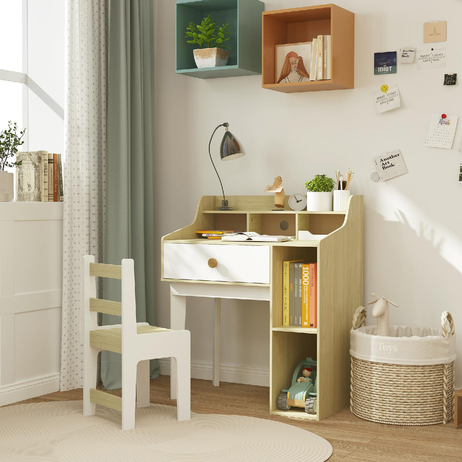 DecHome WTJ63D Set Scrivania per Bambini e Sedia in Legno 3-10 Anni BiancoLegno