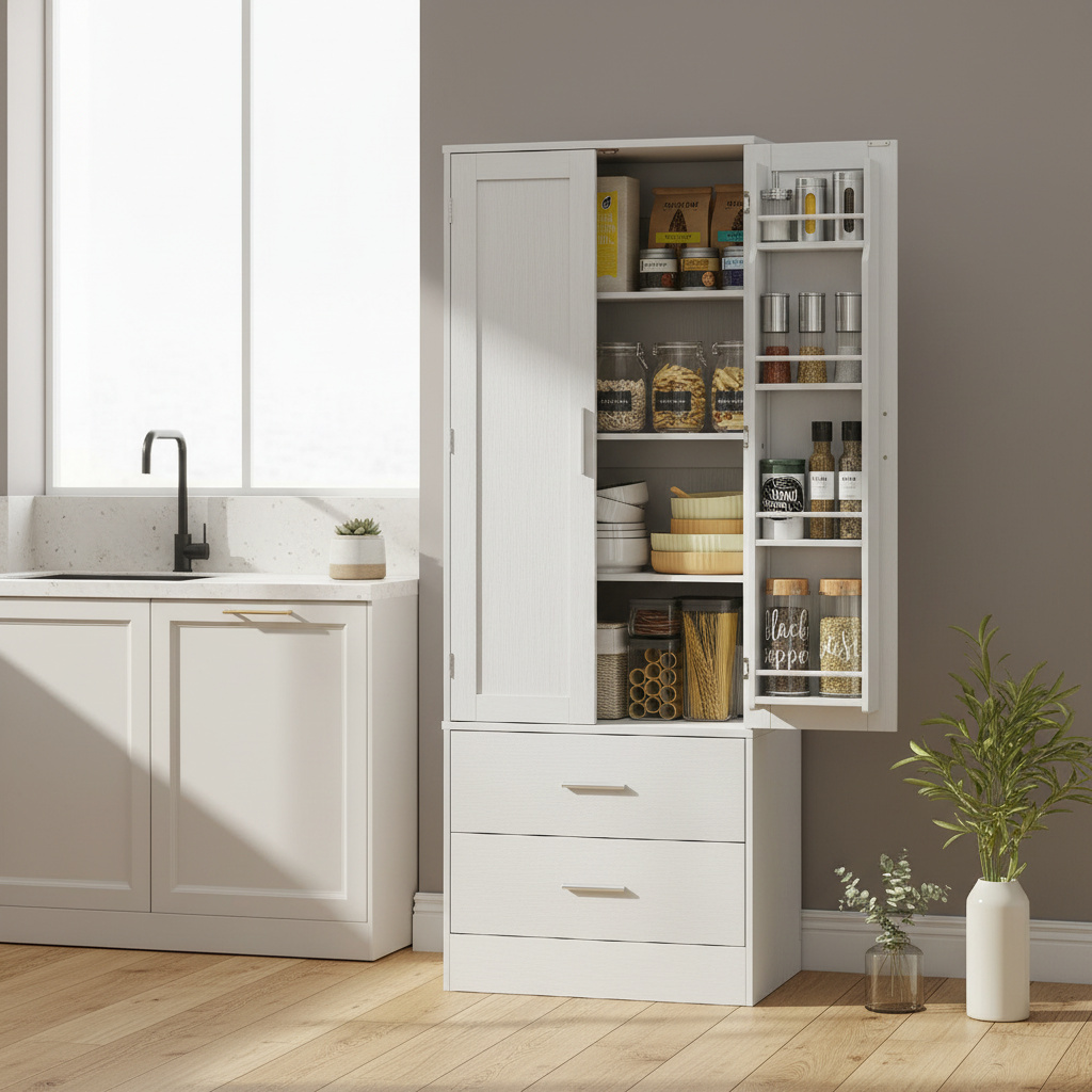 DecHome WTZ392 Credenza Cucina Alta 2 Ante 2 Cassetti 60x40x159 cm Bianco