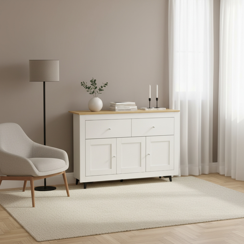 DecHome WTZ448 Madia Vintage 2 Cassetti e 2 Armadietti Legno 117x35x80 cm BiancoLegno