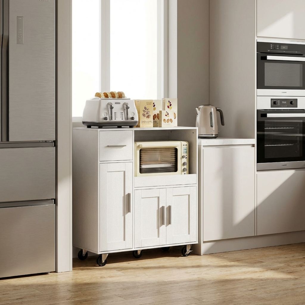 DecHome WTZ457 Carrello Cucina Mobile 3 Ante 1 Vano Porta Microonde 80x40x88.7cm Bianco