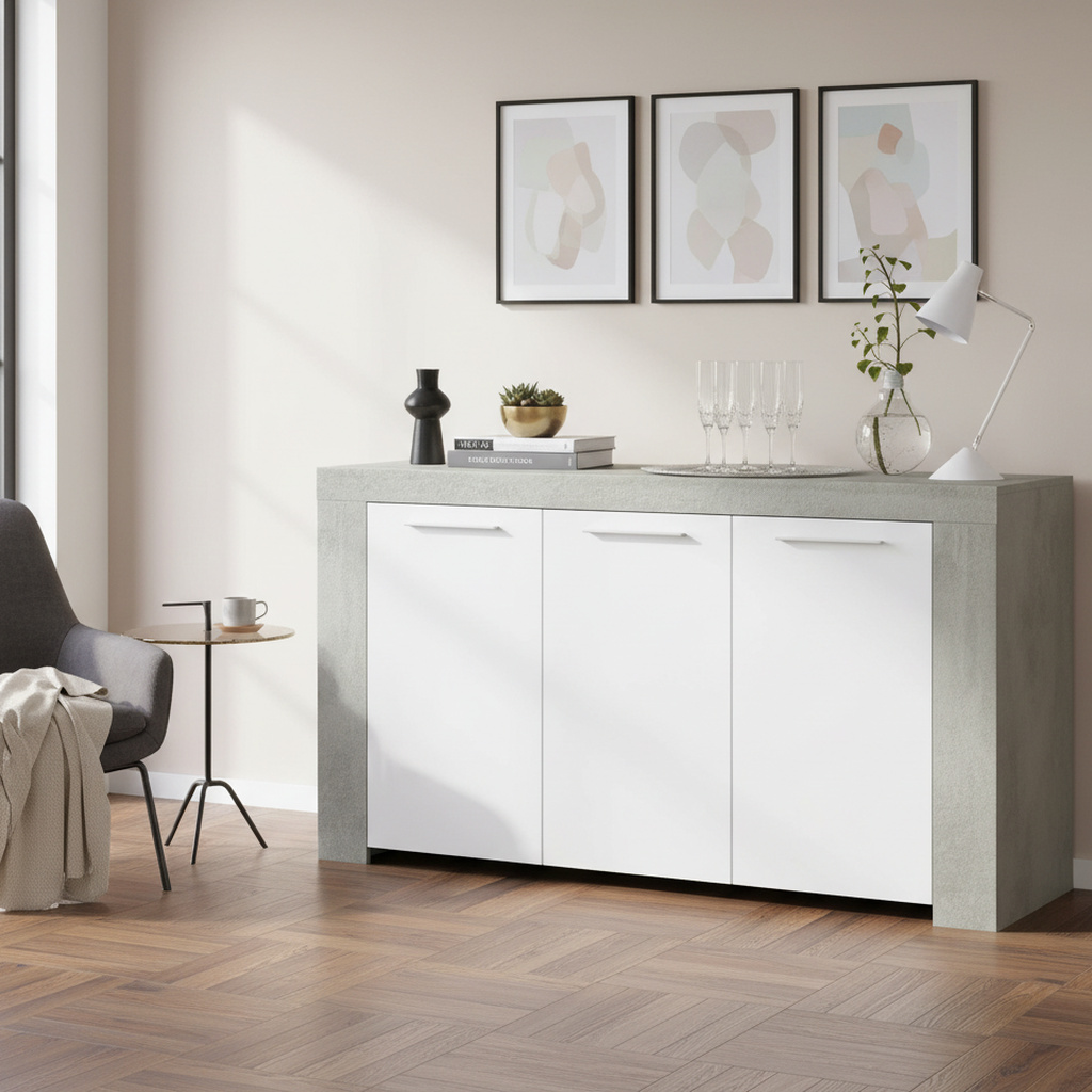FORES HABITAT 016620L Madia Moderna 3 Ante e 3 Ripiani Legno 144x80h cm Bianco