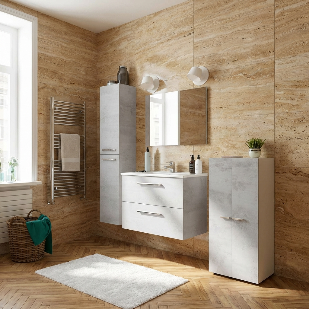 FORES HABITAT 305160L Mobile Bagno Sospeso Specchio 80 cm Legno Cemento Aruba