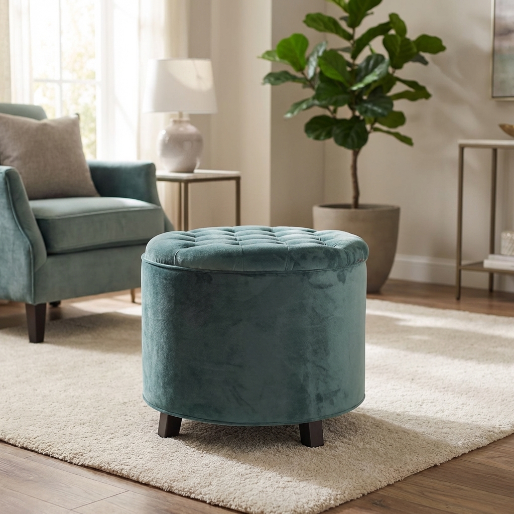 Galileo 2191333 Pouf Contenitore Tondo in Tessuto effetto Velluto 55x55 cm Acquamarina