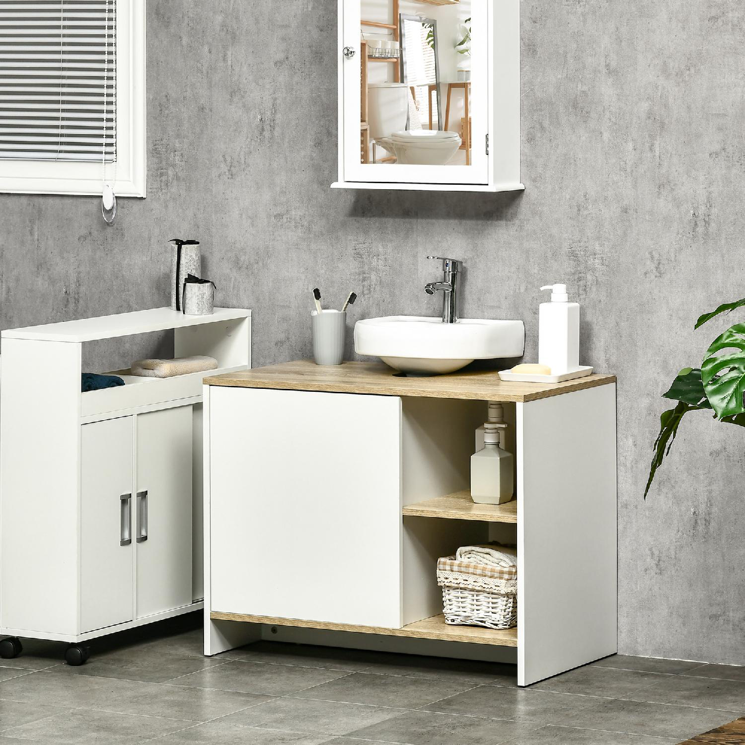 DecHome 484V00 Mobile Bagno per Lavabo 1 Anta 2 Vani Giorno 77 cm BiancoLegno