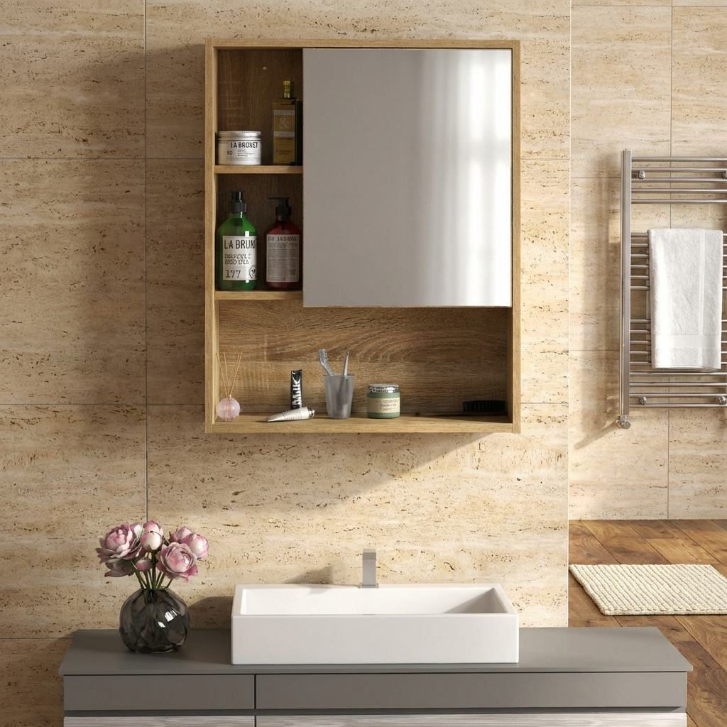 DecHome 835ND59 Mobile con Specchio Bagno 1 anta 3 ripiani in Legno 60x15x76 cm Rovere