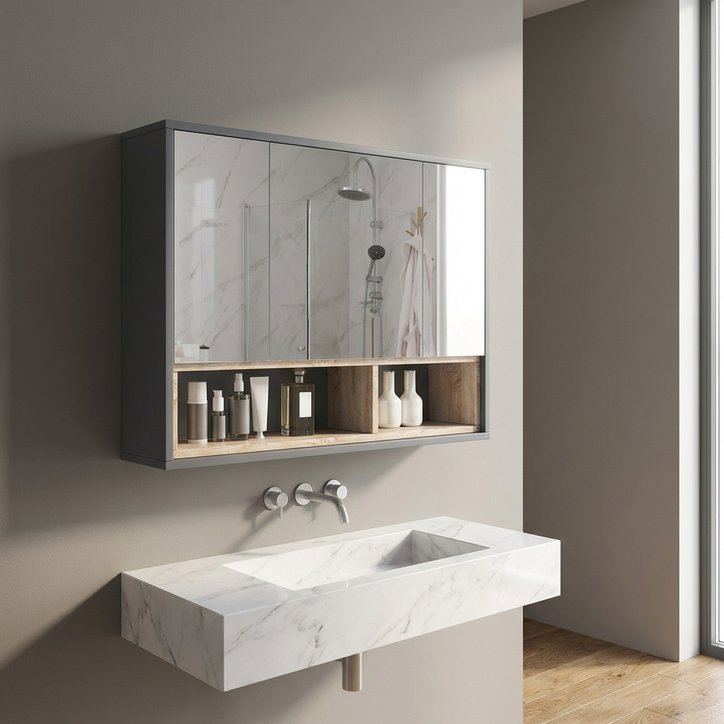 DecHome 0GYJ733 Mobile con Specchio Bagno 3 ante 1 ripiano 80x20x60 cm Grigio