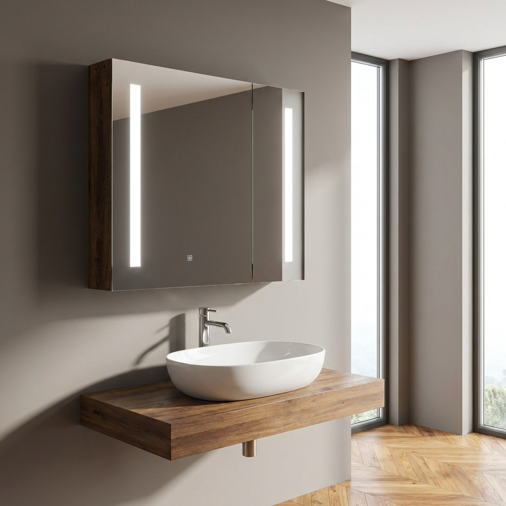 DecHome 12T442 Mobile con Specchio Bagno e Luci LED 2 ante 70x15x65 cm Marrone