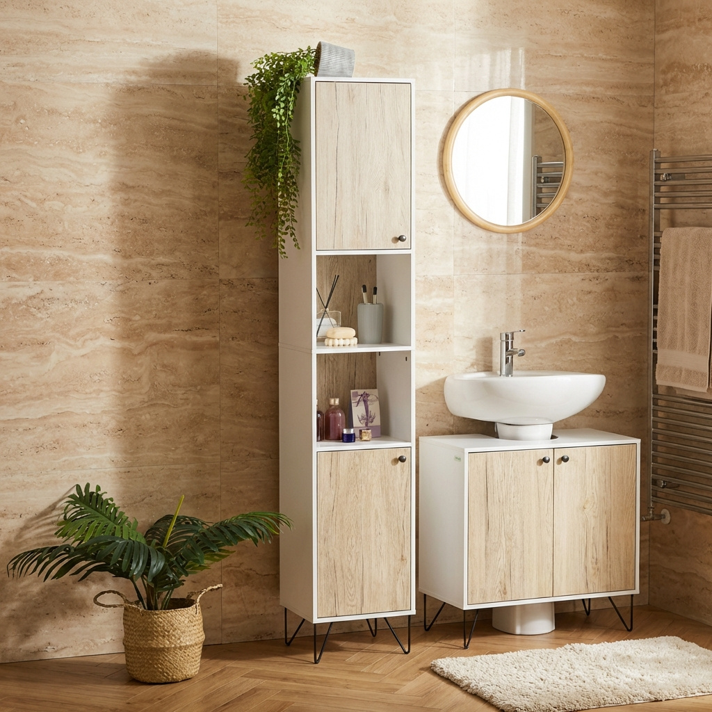 DecHome 439-834 Colonna Bagno 2 Ante 1 Ripiano 30x31,5x169 cm BiancoLegno