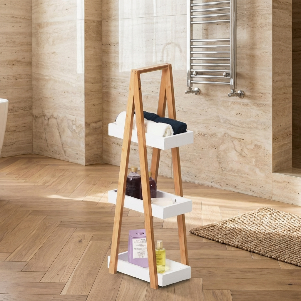 DecHome 49Z1WT Mobiletto Bagno Salvaspazio 3 Ripiani 30x18x81 cm Legno NaturaleGrigio