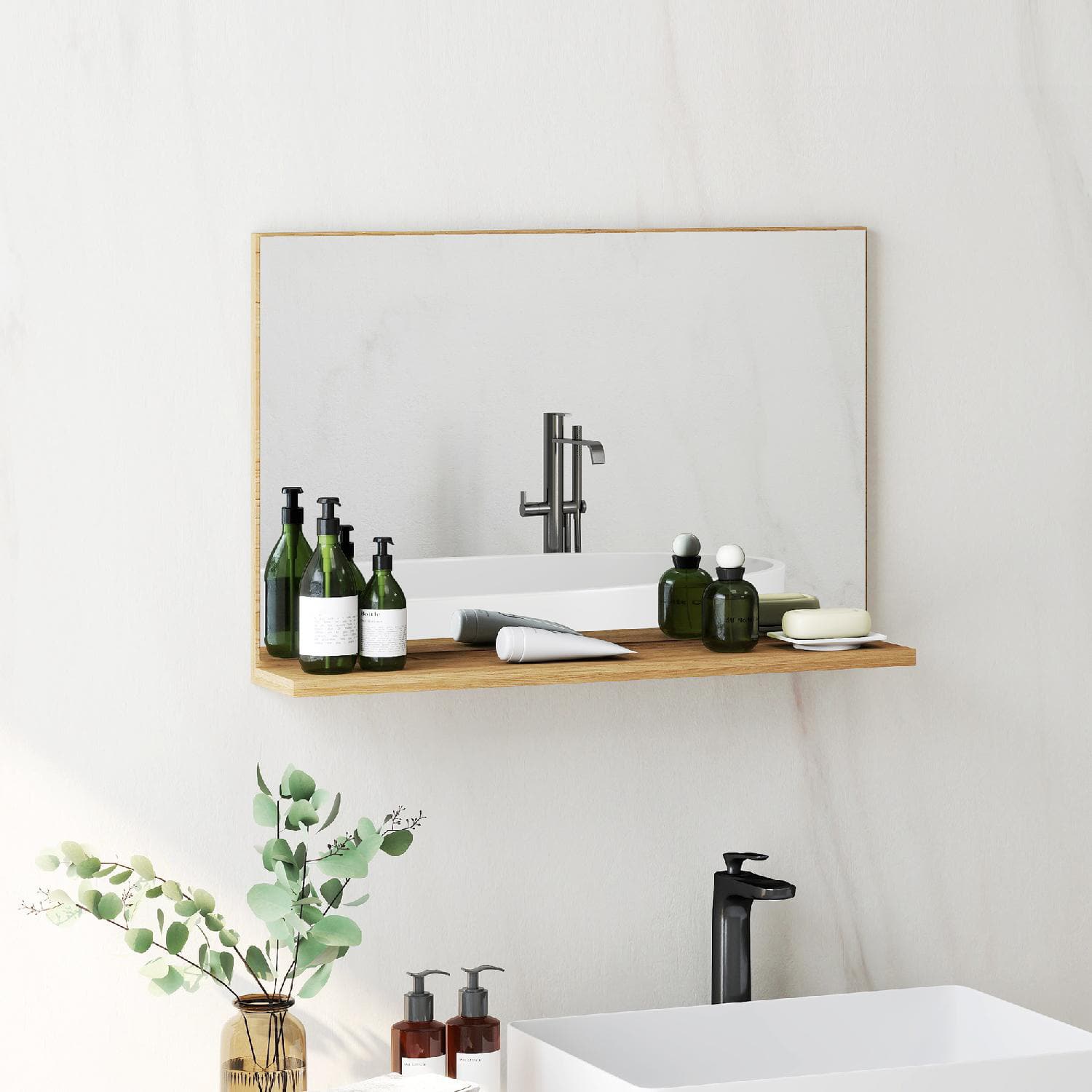 DecHome R505ND Specchio Bagno Rettangolare con Mensola 60x12x40 cm Legno