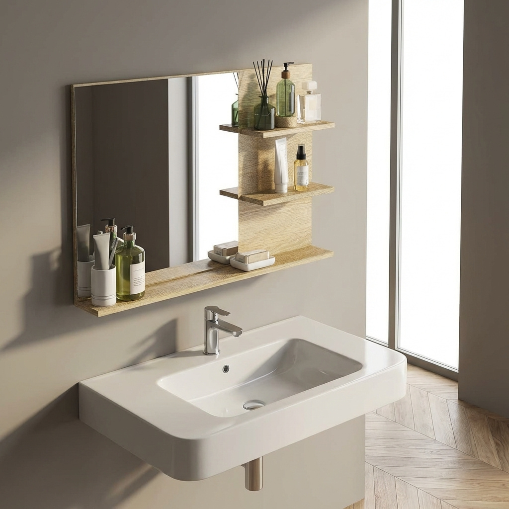 DecHome R508ND Mobile con Specchio Bagno 3 ripiani 75x10x48 cm Legno