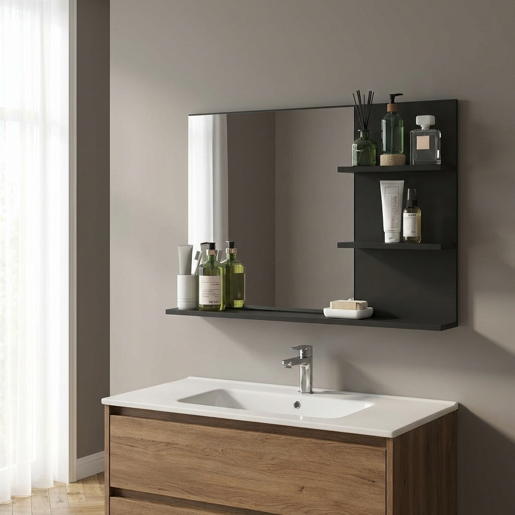 DecHome R509BK Mobile con Specchio Bagno 3 ripiani 75x10x48 cm Nero