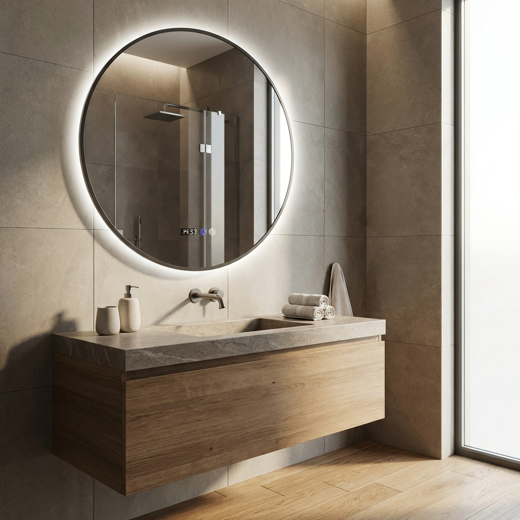 DecHome U6970BK Specchio Bagno con Luci LED Display Tempo e Temperatura Tondo 70 cm Nero