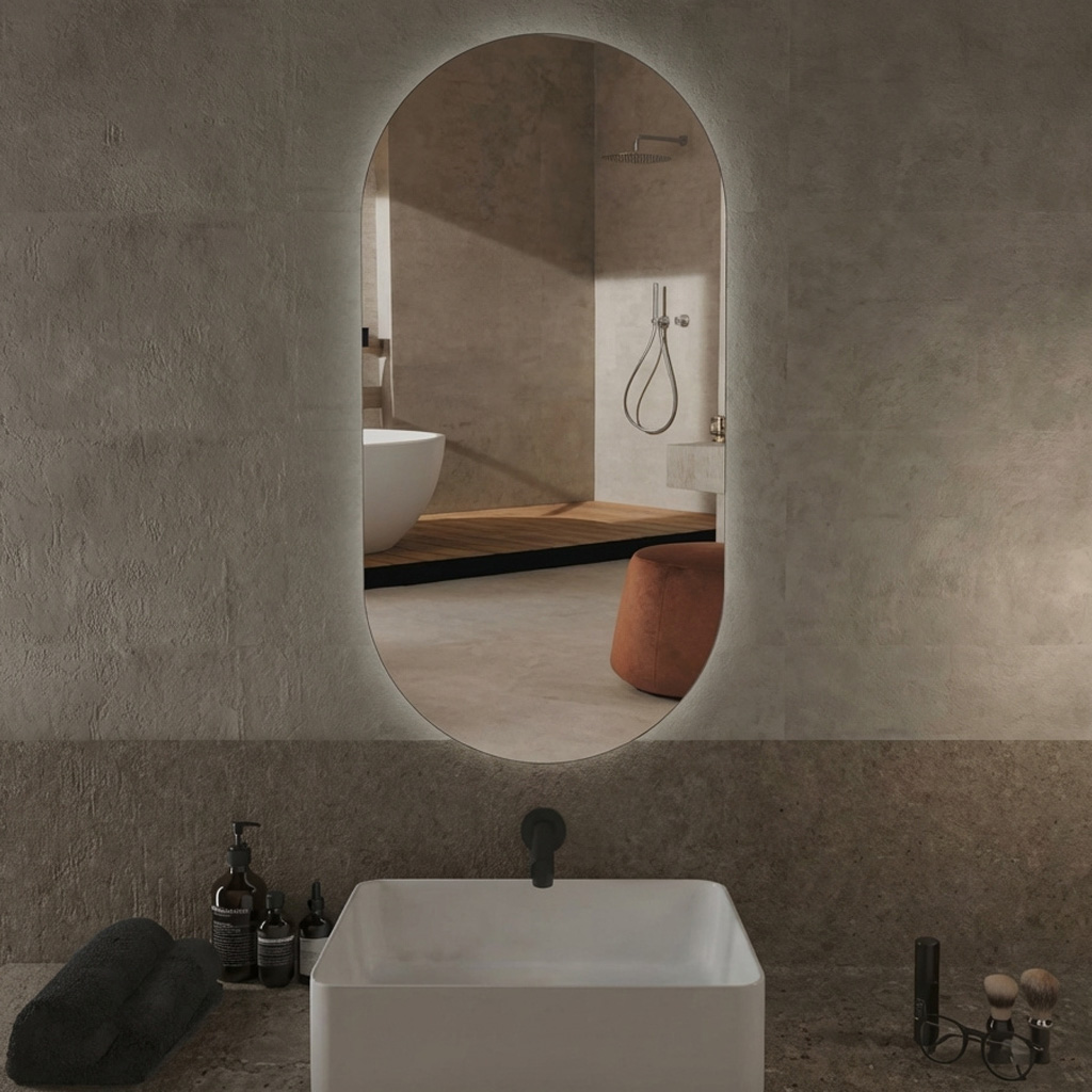 Progetto M096 50100 M096 Specchio Bagno Ovale a Parete con Luce LED 50x100 cm in Acciaio e Vetro