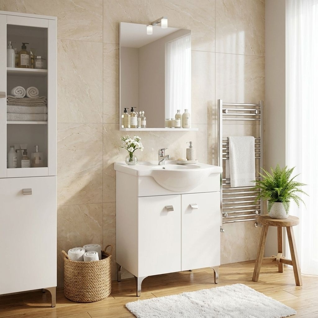SAVINI DUE DESY55+6602LED Mobile Bagno con Lavabo e Specchio 58 cm in Legno Bianco - Desy