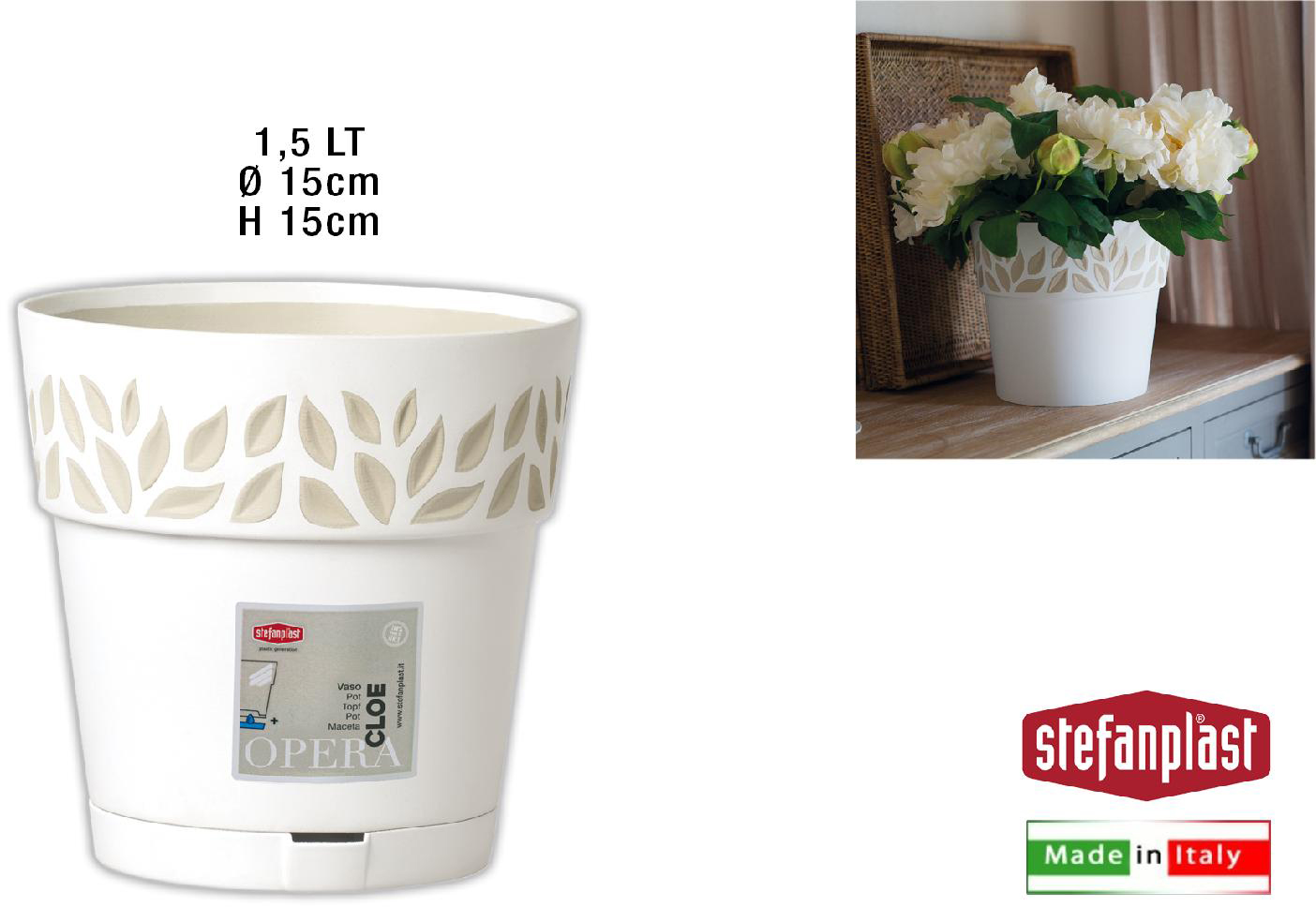 STEFANPLAST V94000 Vaso Opera Decoro Cloe cm 15x15h Bianco Travertino
