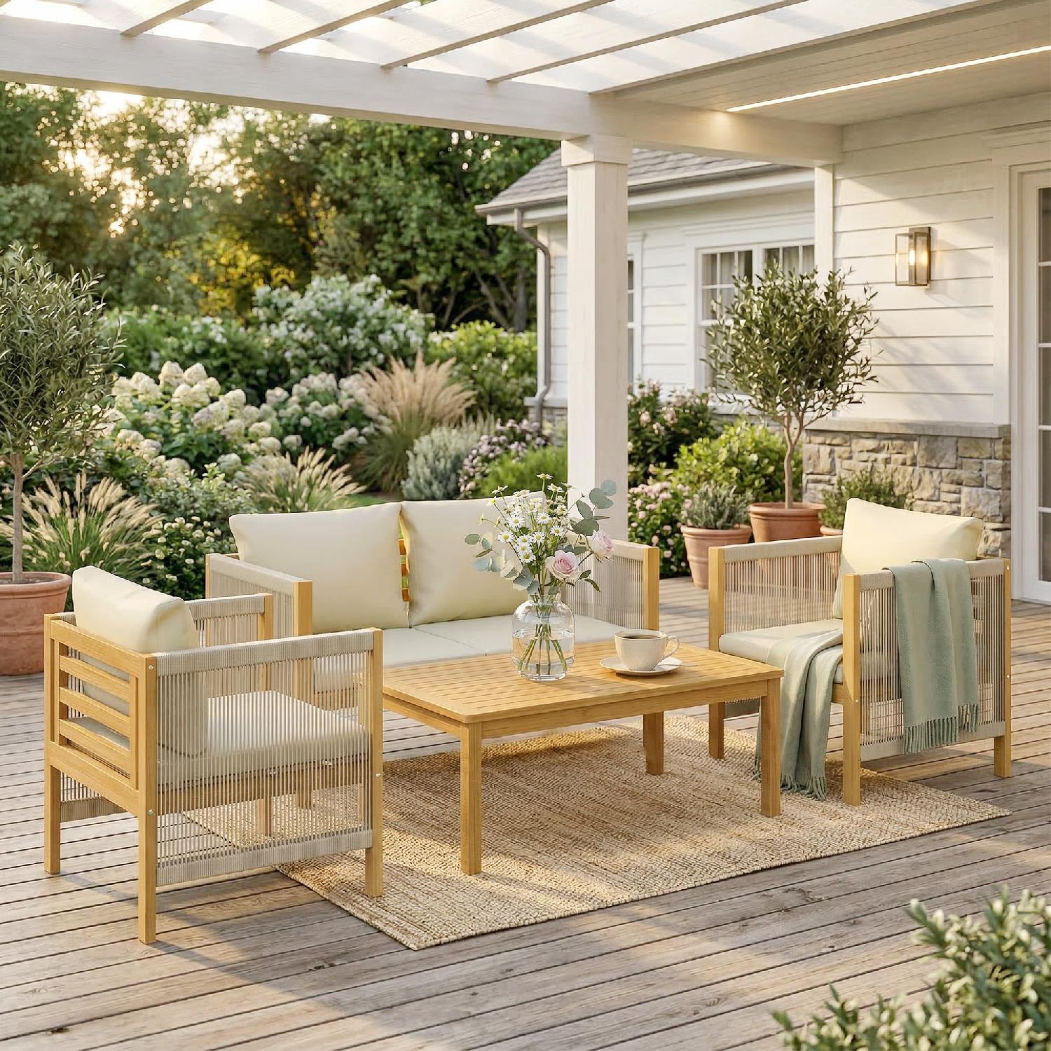 VivaGarden 0BGV461 Salotto da Giardino Divano 2 Poltrone e Tavolino in Legno Beige