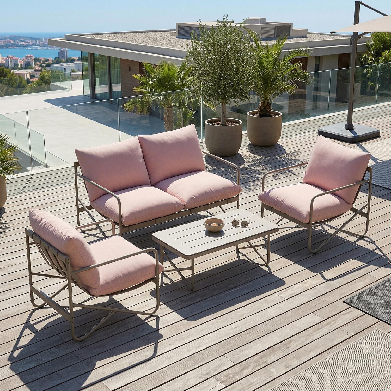 VivaGarden 0PKV530 Salotto da Giardino Divano 2 Poltrone e Tavolino in Metallo Rosa