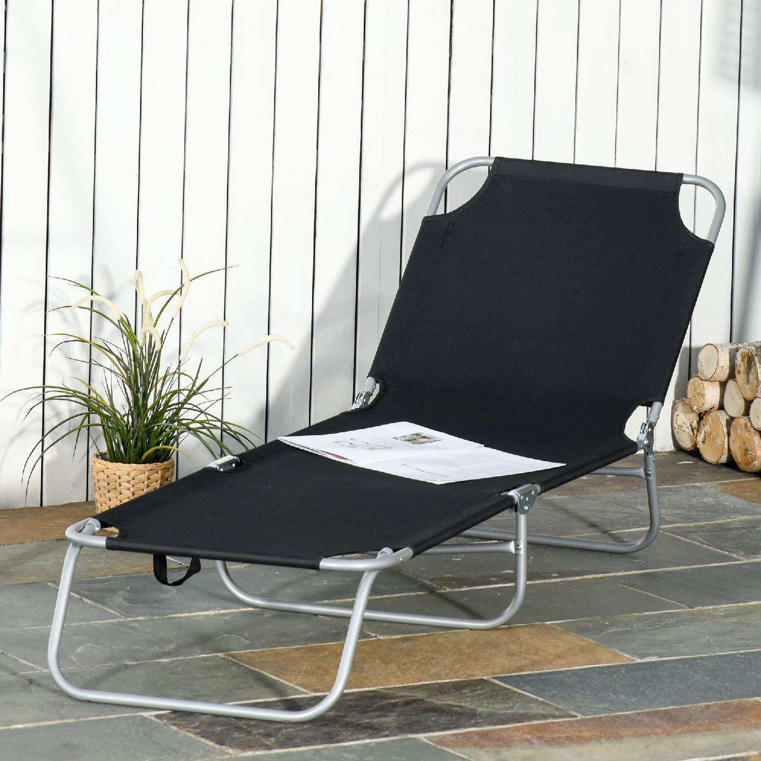 VivaGarden 129BK84B Lettino Prendisole da Giardino Pieghevole 180x55x24 cm Nero